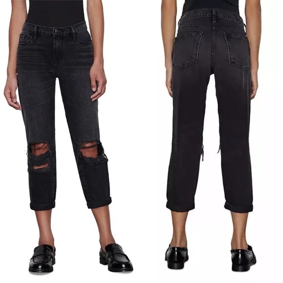 Frame Denim Le Garcon Cropped Black Jeans Size 25 Wilkinson Destruct